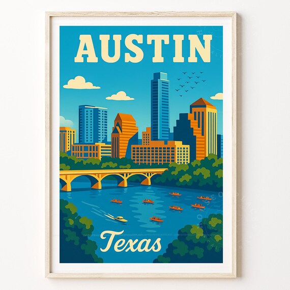 Austin Texas Skyline River Bridge Retro Cityscape Travel Poster