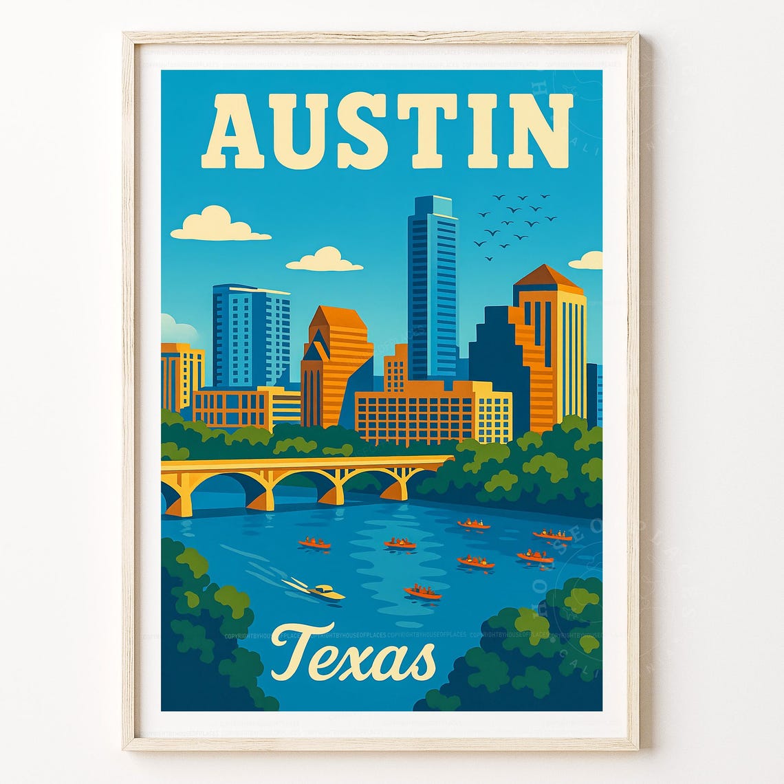 Austin Texas Skyline River Bridge Retro Cityscape Travel Poster