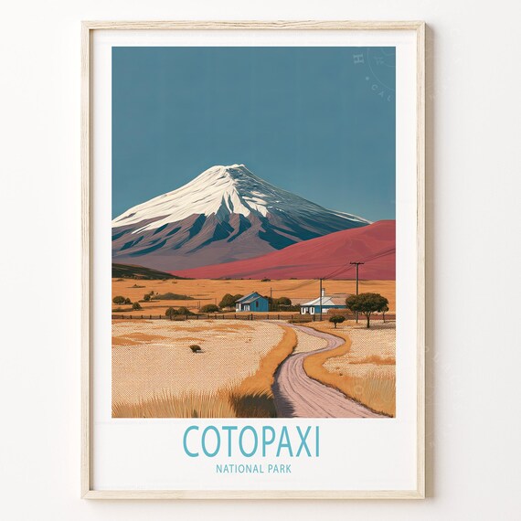 Cotopaxi National Park Vintage Halftone Volcano Travel Poster Ecuador Decor