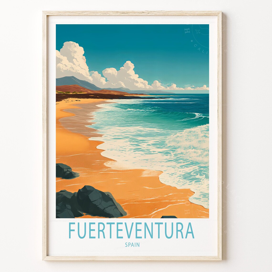 Fuerteventura Spain Golden Beach Waves Vintage Travel Poster