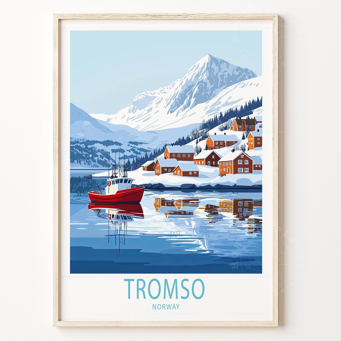 Tromso Norway Winter Snow Village Red Boat Fjord Scene Poster