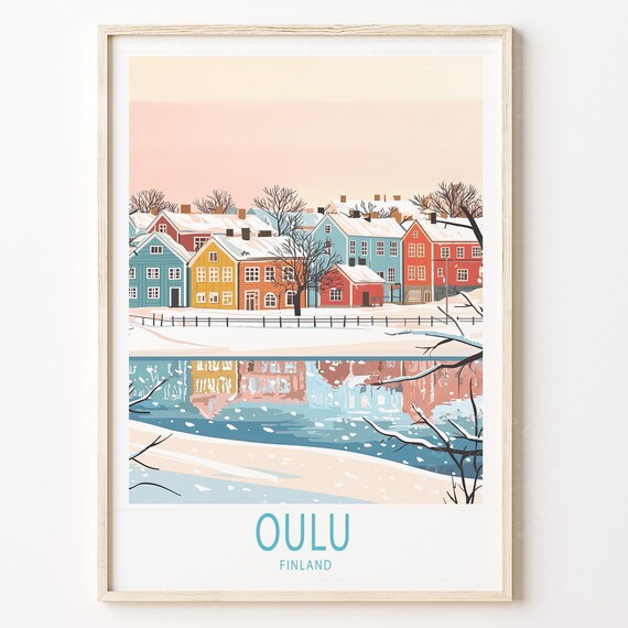 Oulu Finland Winter Snow Colorful Riverside Houses Travel Poster