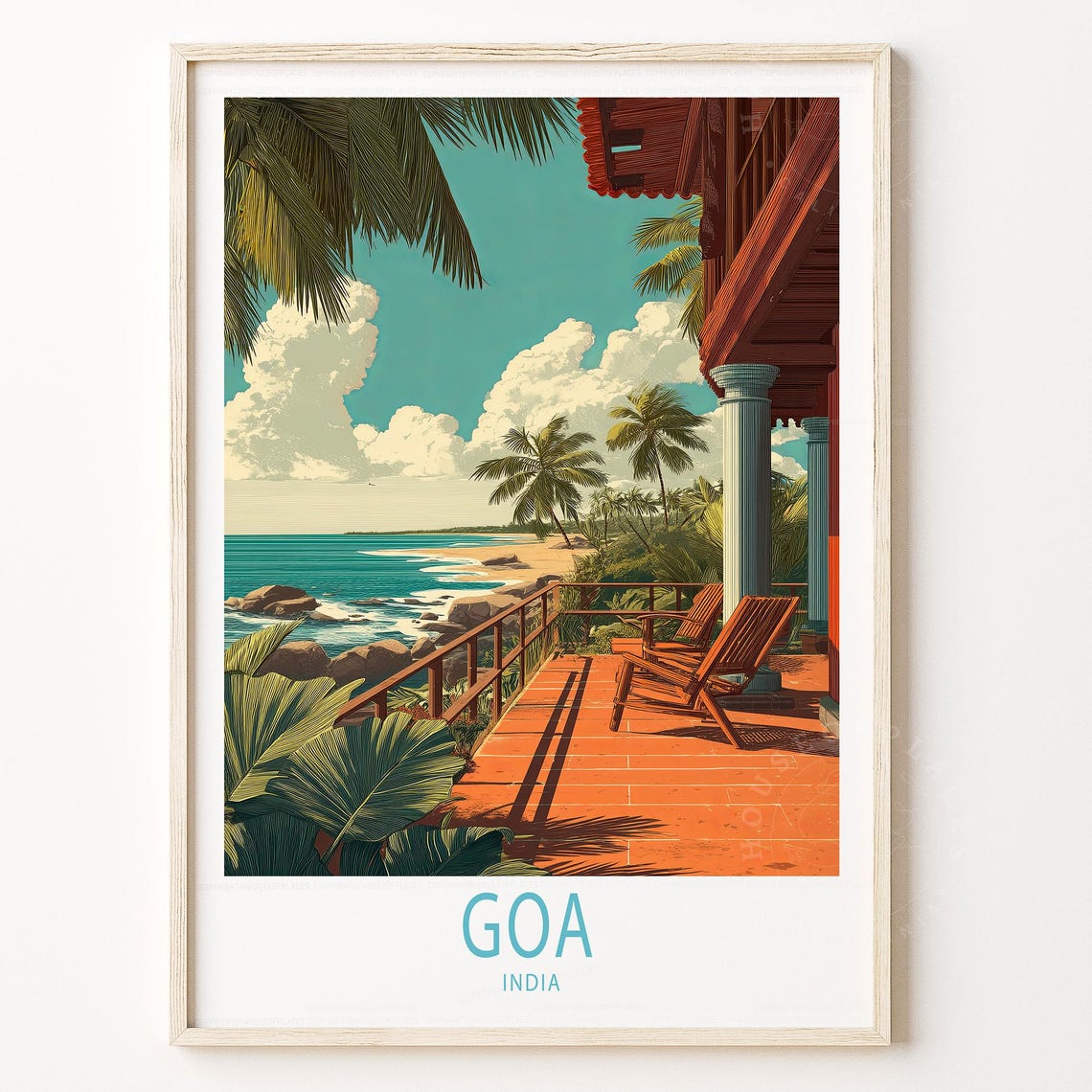 Goa India Tropical Beach Terrace Palm Tree Scene Travel Poster