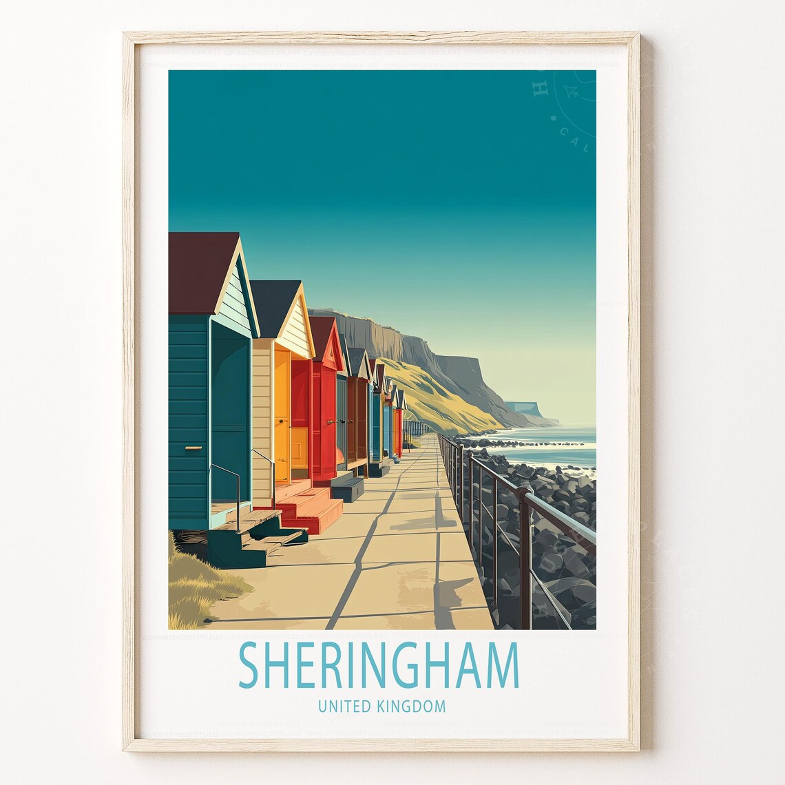 Sheringham England Beach Huts Travel Poster Colorful Seaside Promenade