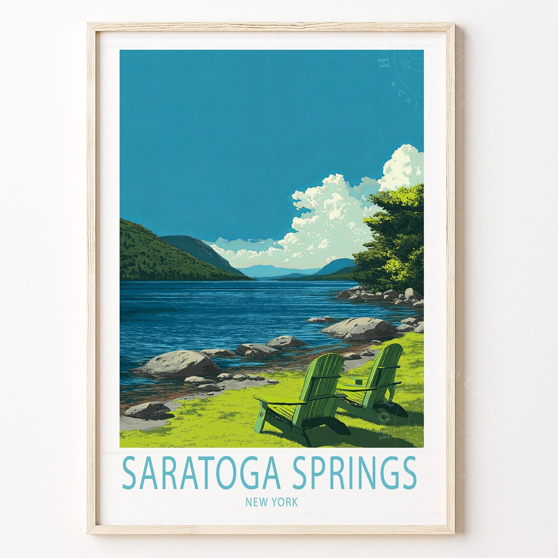 Saratoga Springs New York Travel Poster Lake Chairs Summer Retreat