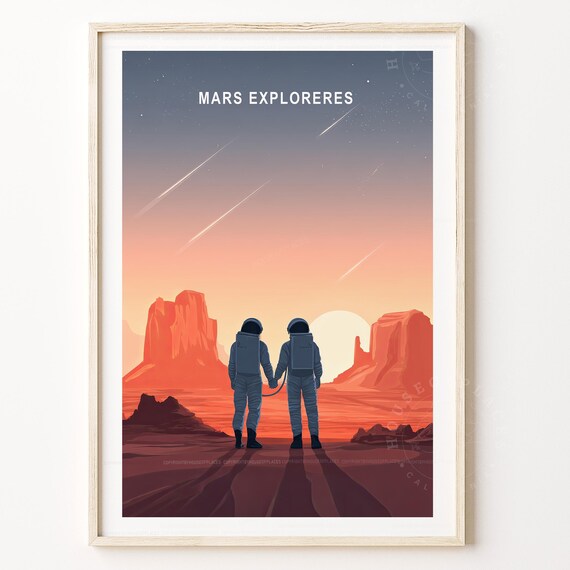 Mars Explorers Astronaut Retro Space Adventure Sunset Poster