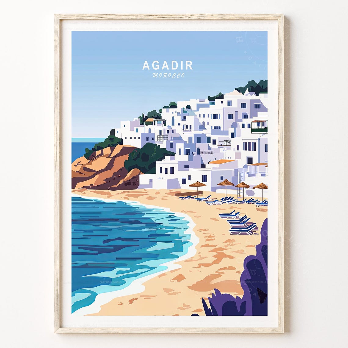 Agadir Morocco Whitewashed Clifftop Town Beach Umbrellas Travel Poster