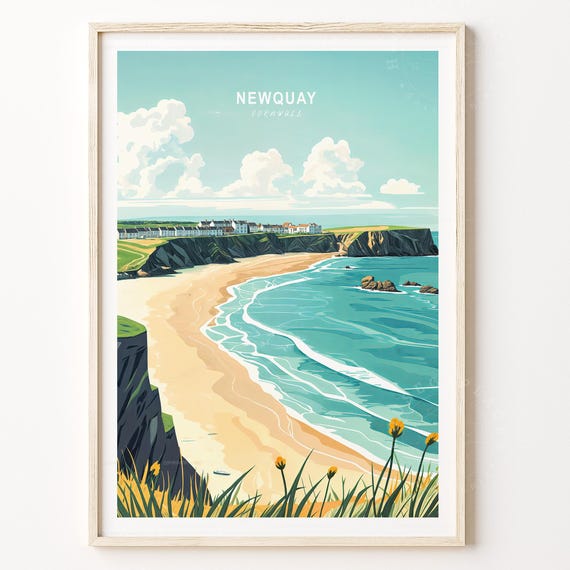 Newquay Cornwall Cliffs Golden Beach Coastal Surf Travel Poster