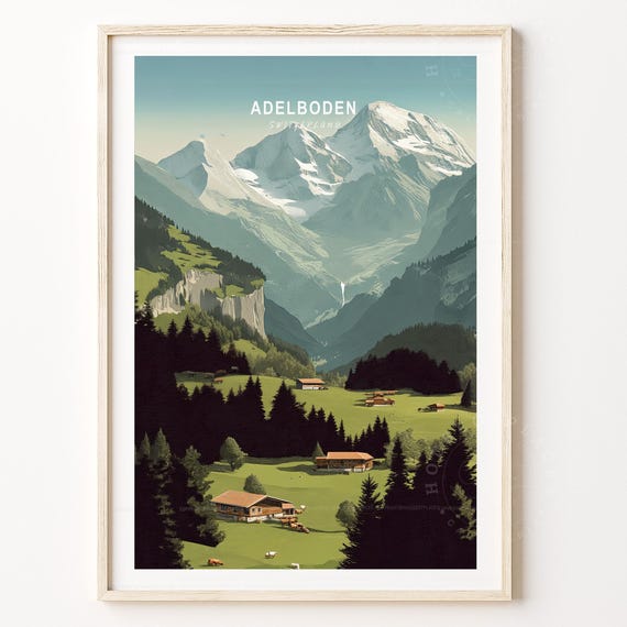 Adelboden Switzerland Alpine Pastures Travel Poster Snowy Peaks View