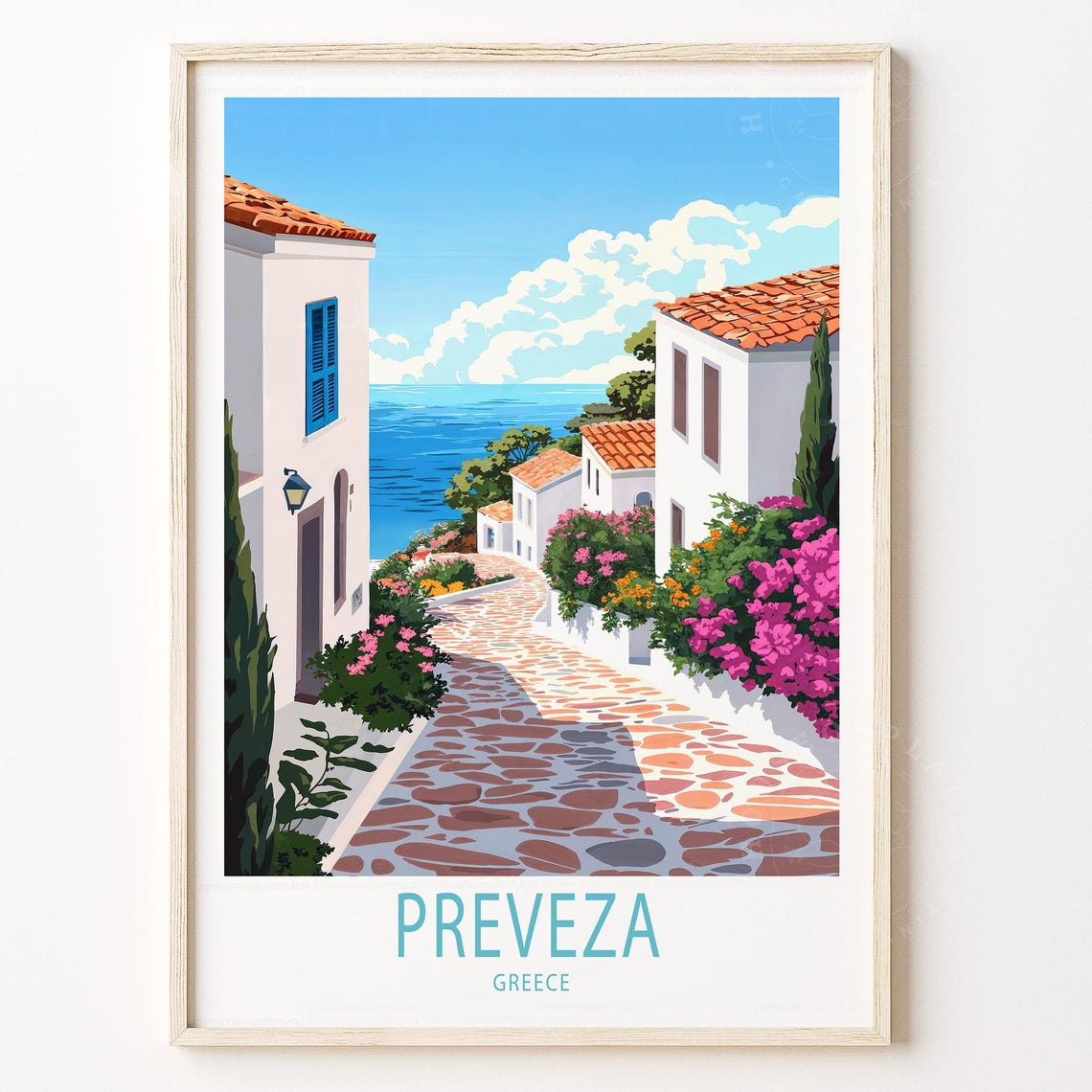 Preveza Greece Cobblestone Lane Bougainvillea Coastal Travel Poster