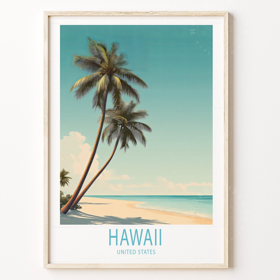 Hawaii United States Travel Poster Palm Trees Tropical Beach Sunset Decor