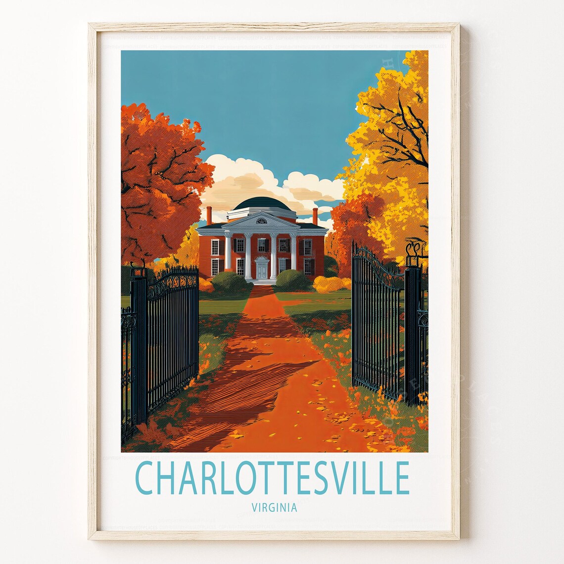 Charlottesville Virginia Autumn Mansion Travel Poster Fall Manor House