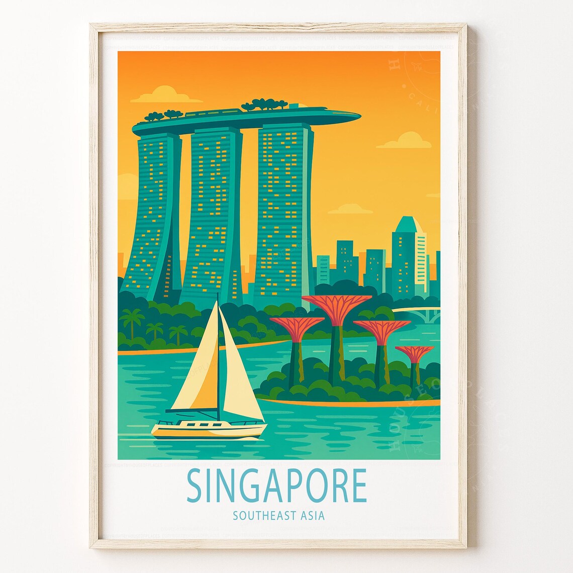 Singapore Southeast Asia Marina Bay Sunset Sailboat Travel Poster