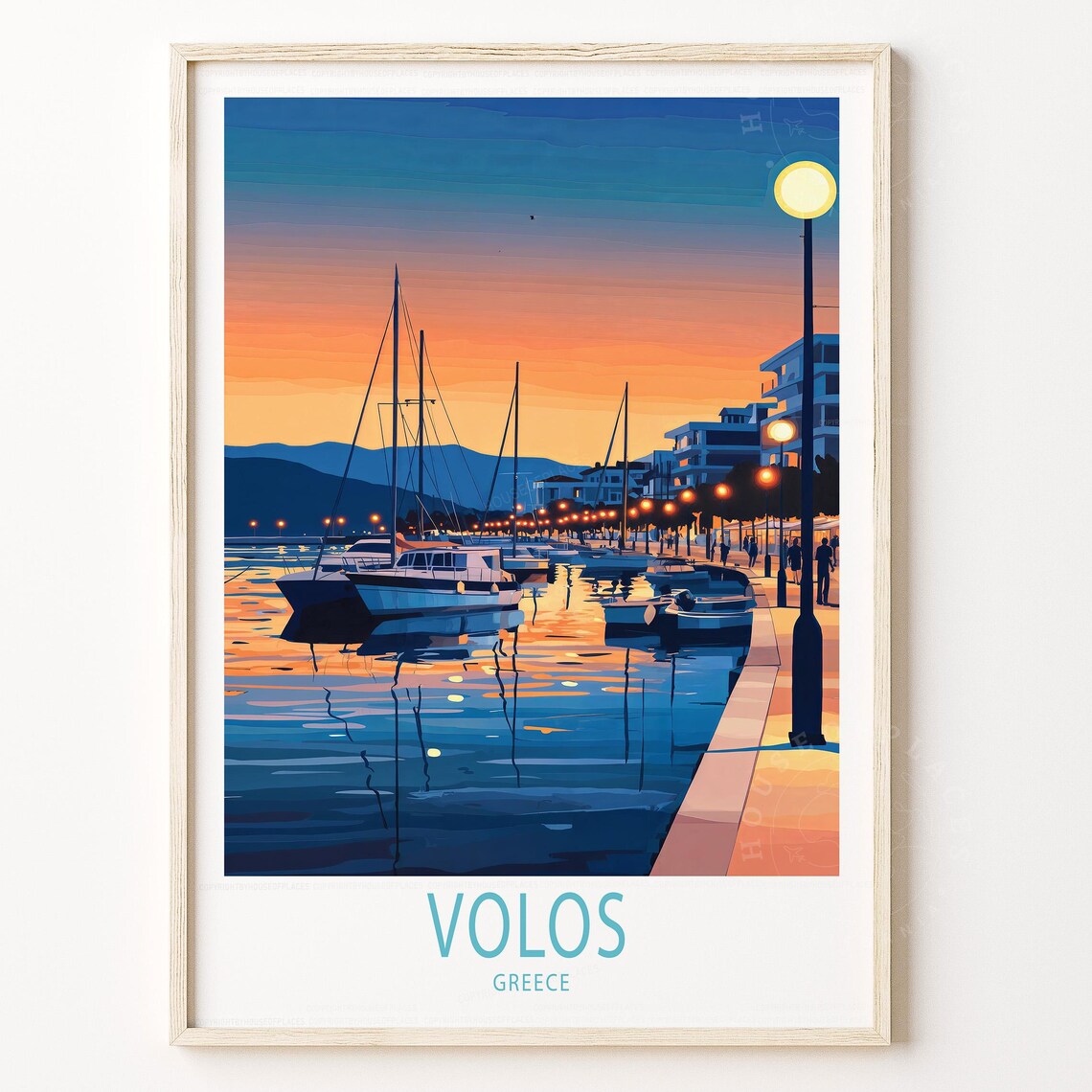 Volos Greece Sunset Harbor Sailboats Waterfront Travel Poster