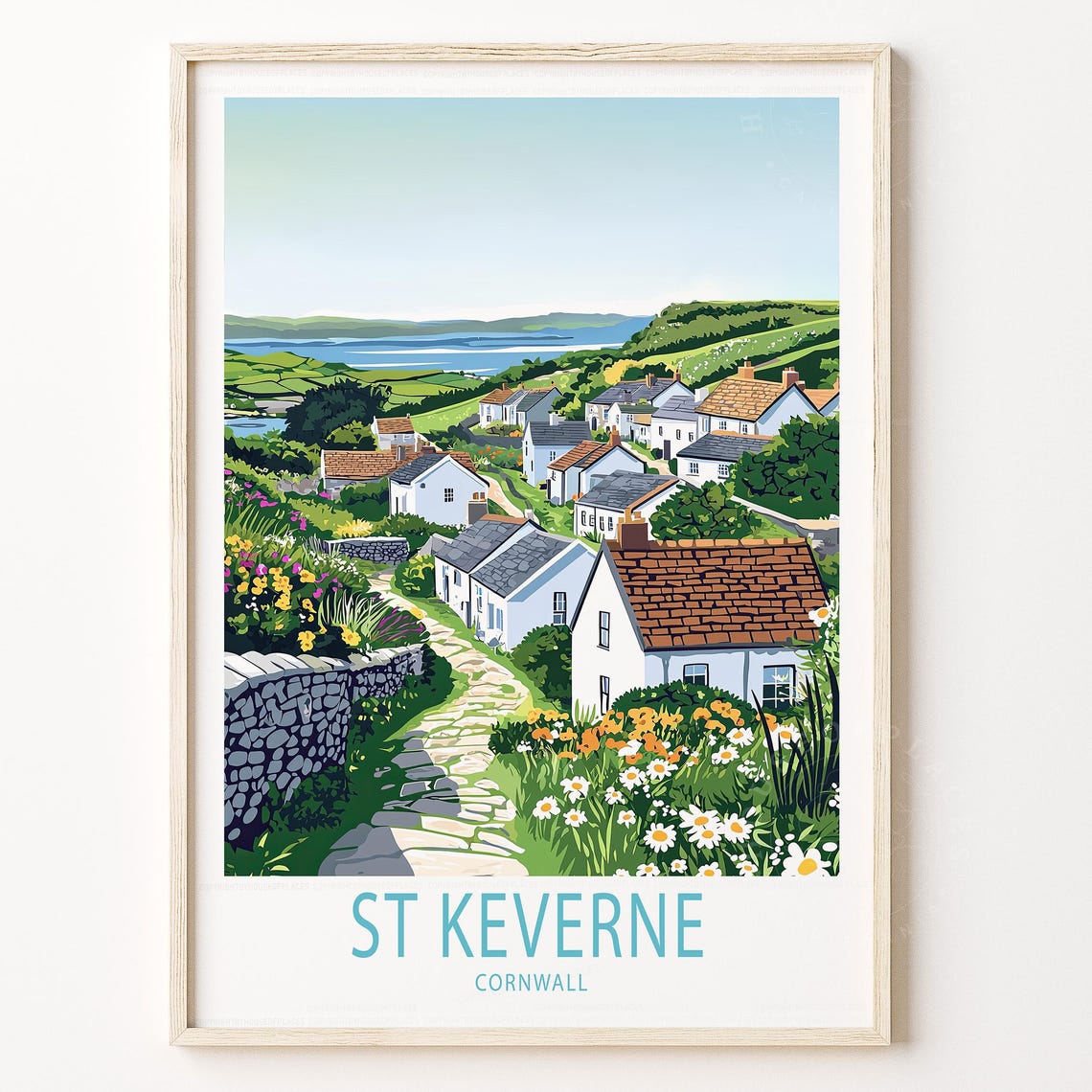 St Keverne Cornwall Village Lane Cottages Sea View Travel Poster