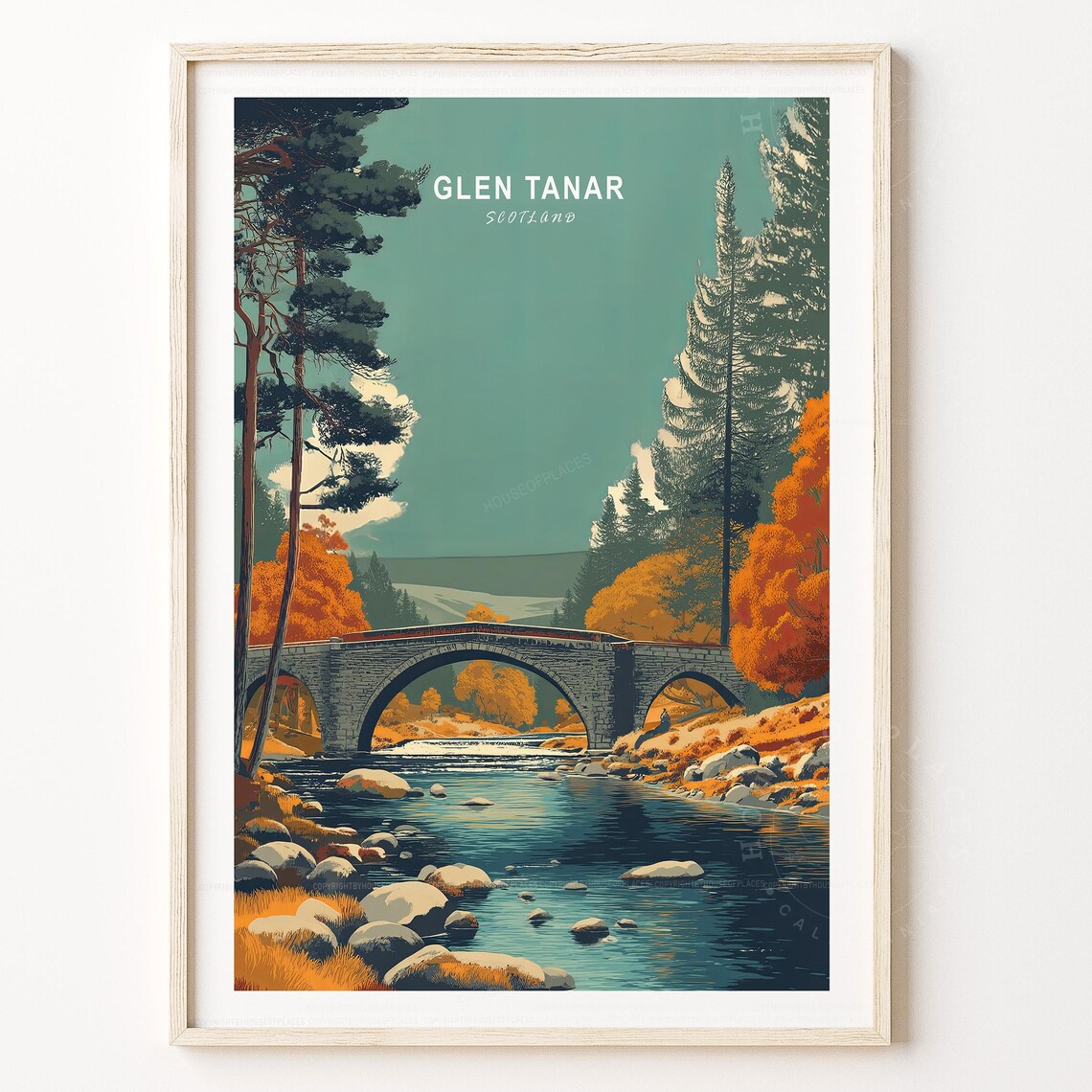 Glen Tanar Scotland Stone Arch Bridge River Retro Travel Art Poster