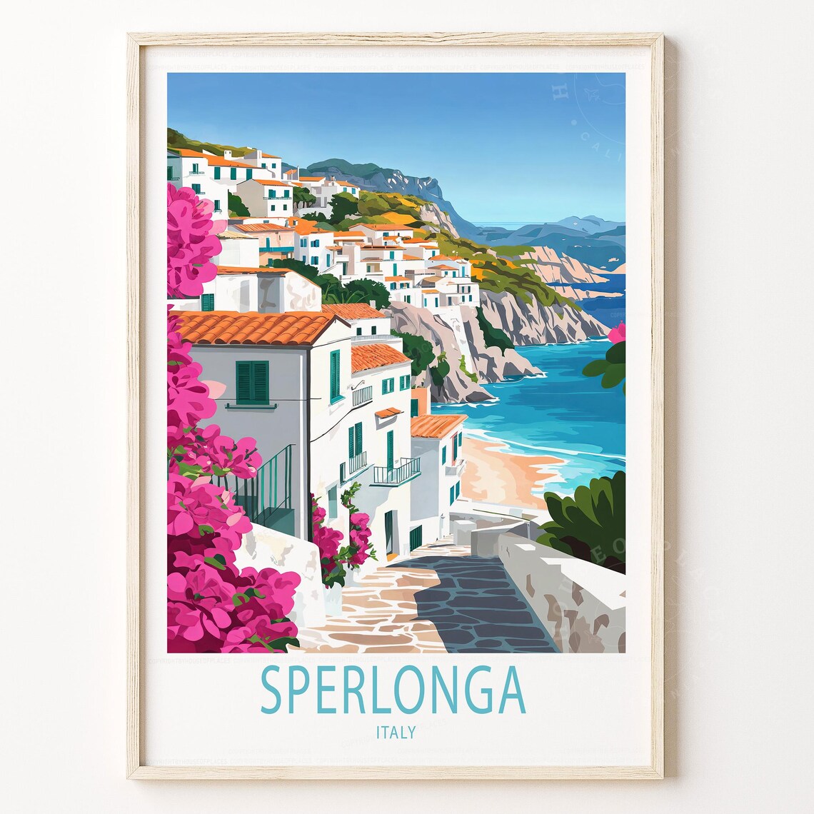 Sperlonga Italy Coastal Cliff Town Bougainvillea Sea Travel Poster