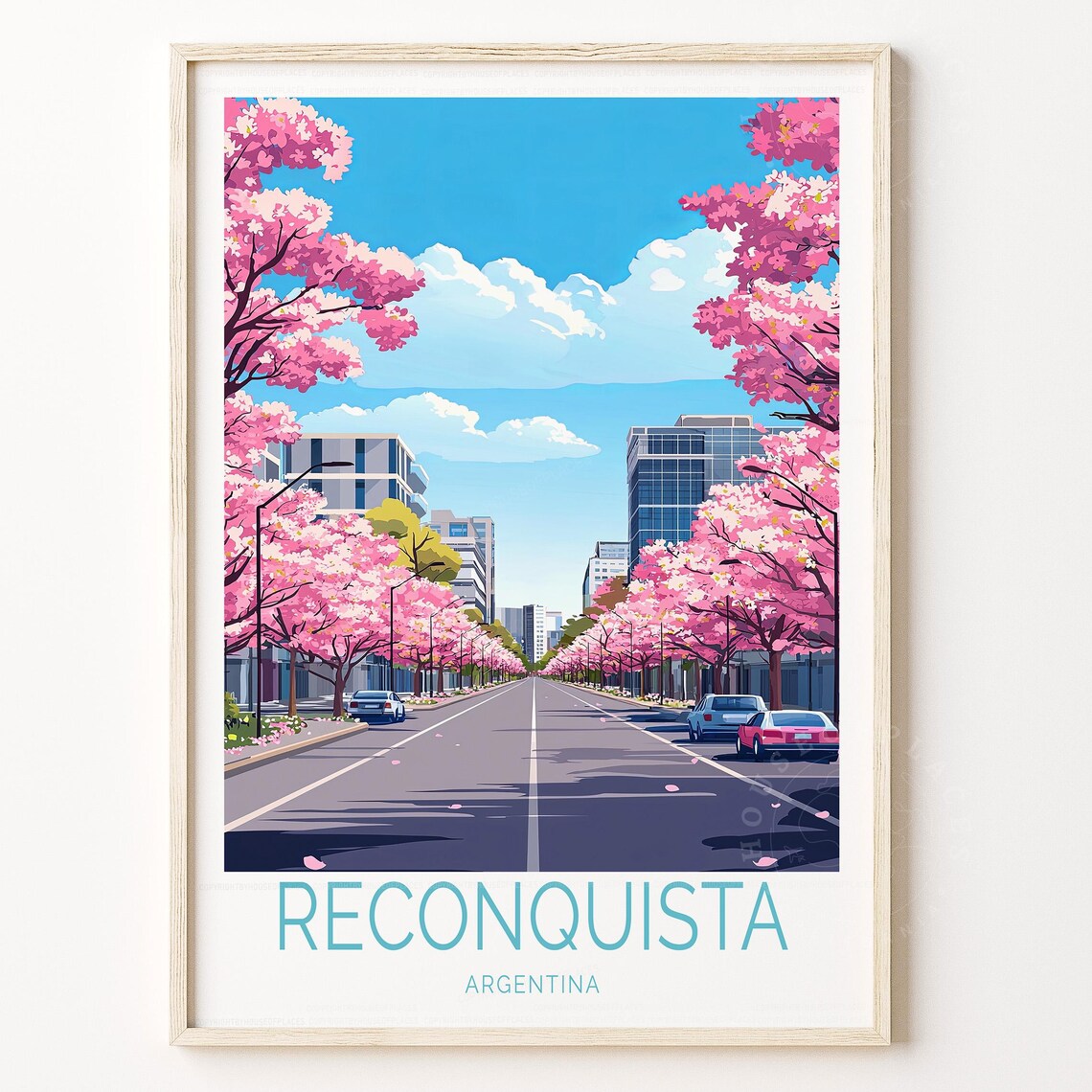 Reconquista Argentina Pink Flowering Tree Avenue Retro Travel Poster