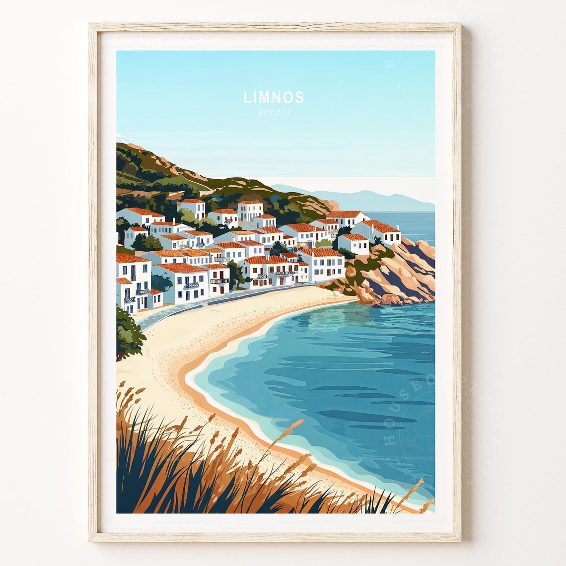 Limnos Greece Crescent Beach Seaside Village Sunny Coast Travel Poster