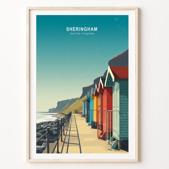 Sheringham United Kingdom Seafront Travel Poster Beach Huts Cliffs