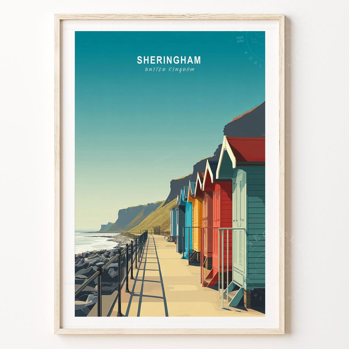 Sheringham United Kingdom Seafront Travel Poster Beach Huts Cliffs