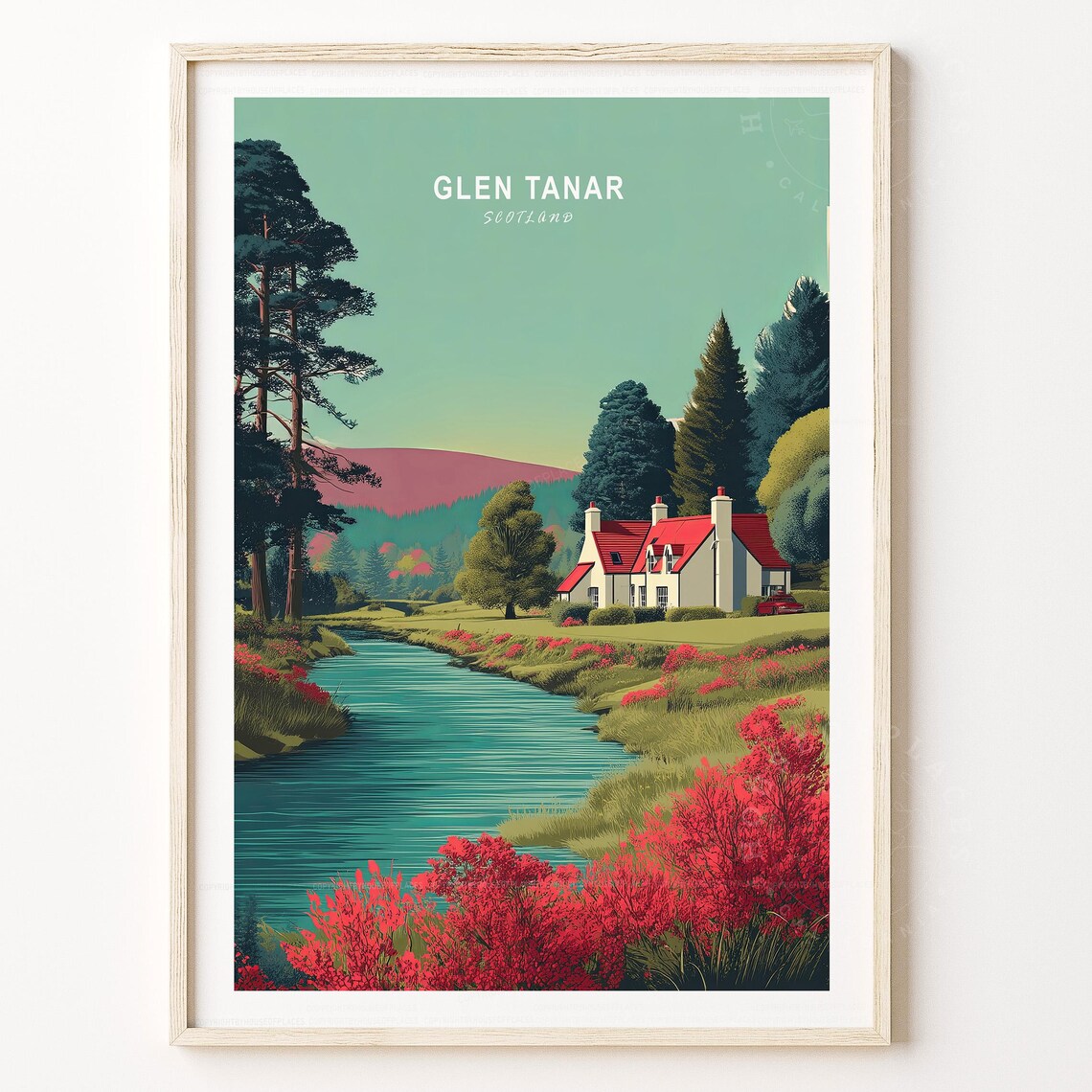 Glen Tanar Scotland Highland River Travel Poster Red Cottage Valley
