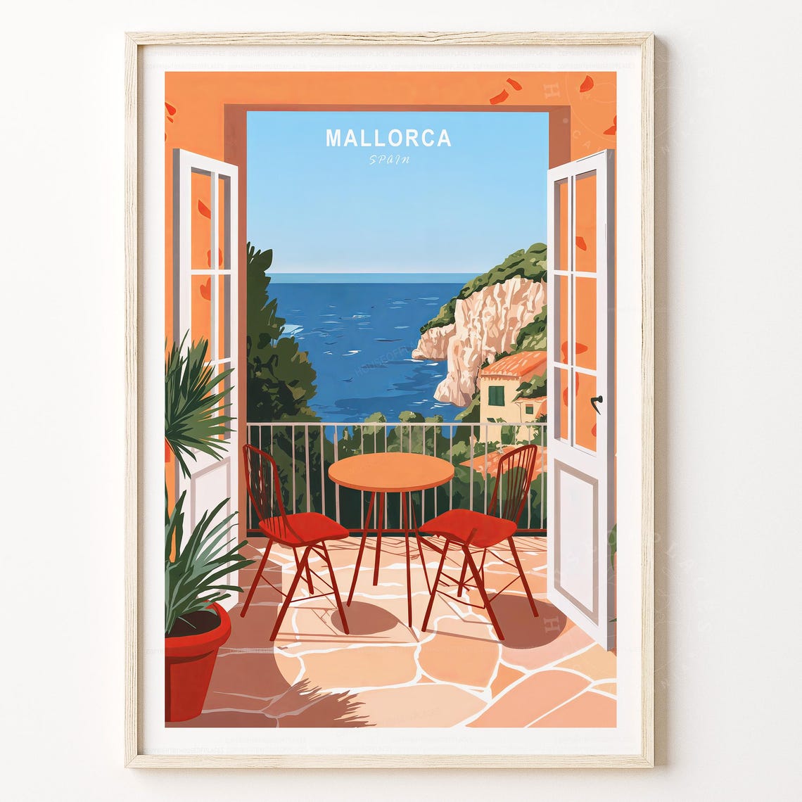 Mallorca Spain Balcony Sea View Rocky Coastal Cliff Travel Poster