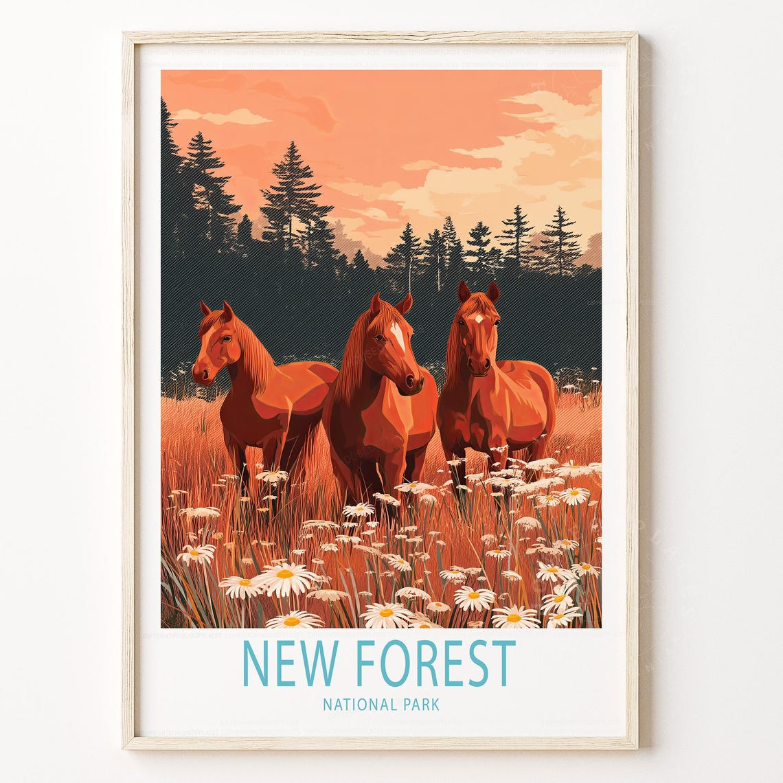 New Forest National Park Horses Daisy Field Sunset Art Poster