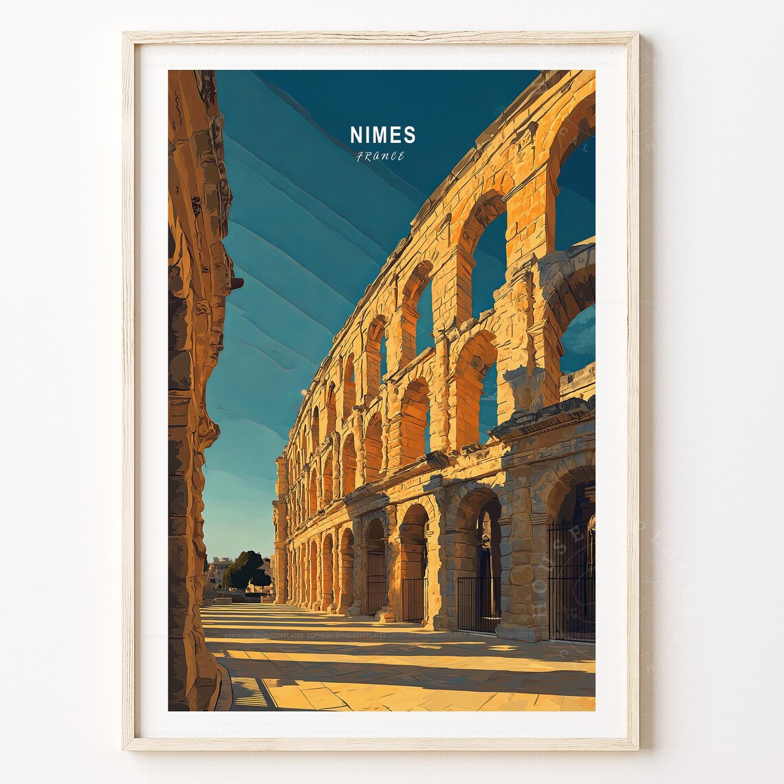 Nimes France Roman Arena Golden Arches Minimalist Travel Poster