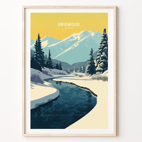 Gridwood Alaska Ski Poster Travel Wall Art Winter Print Minimalist Birthday Present