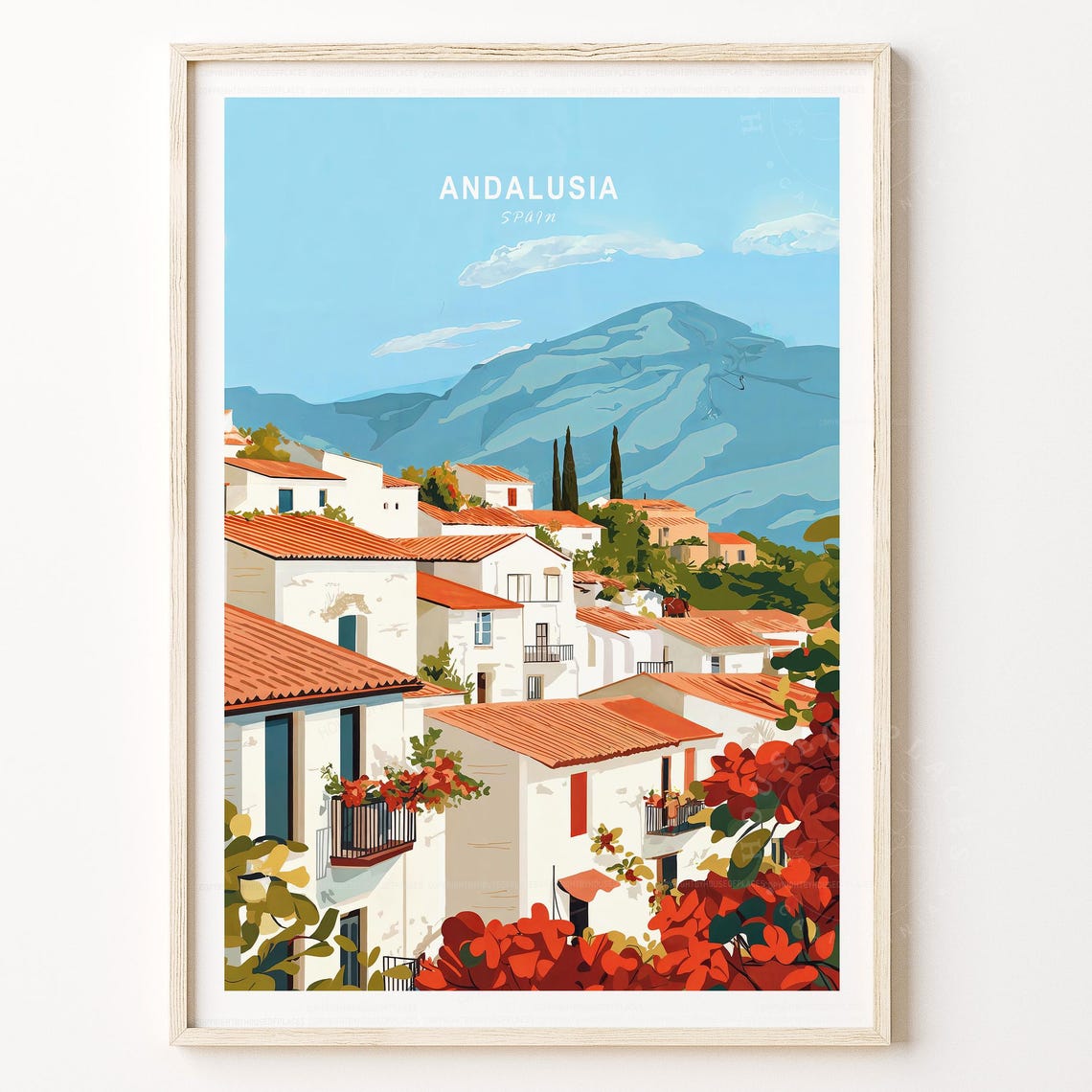 Andalusia Spain Whitewashed Village Travel Poster Terracotta Art