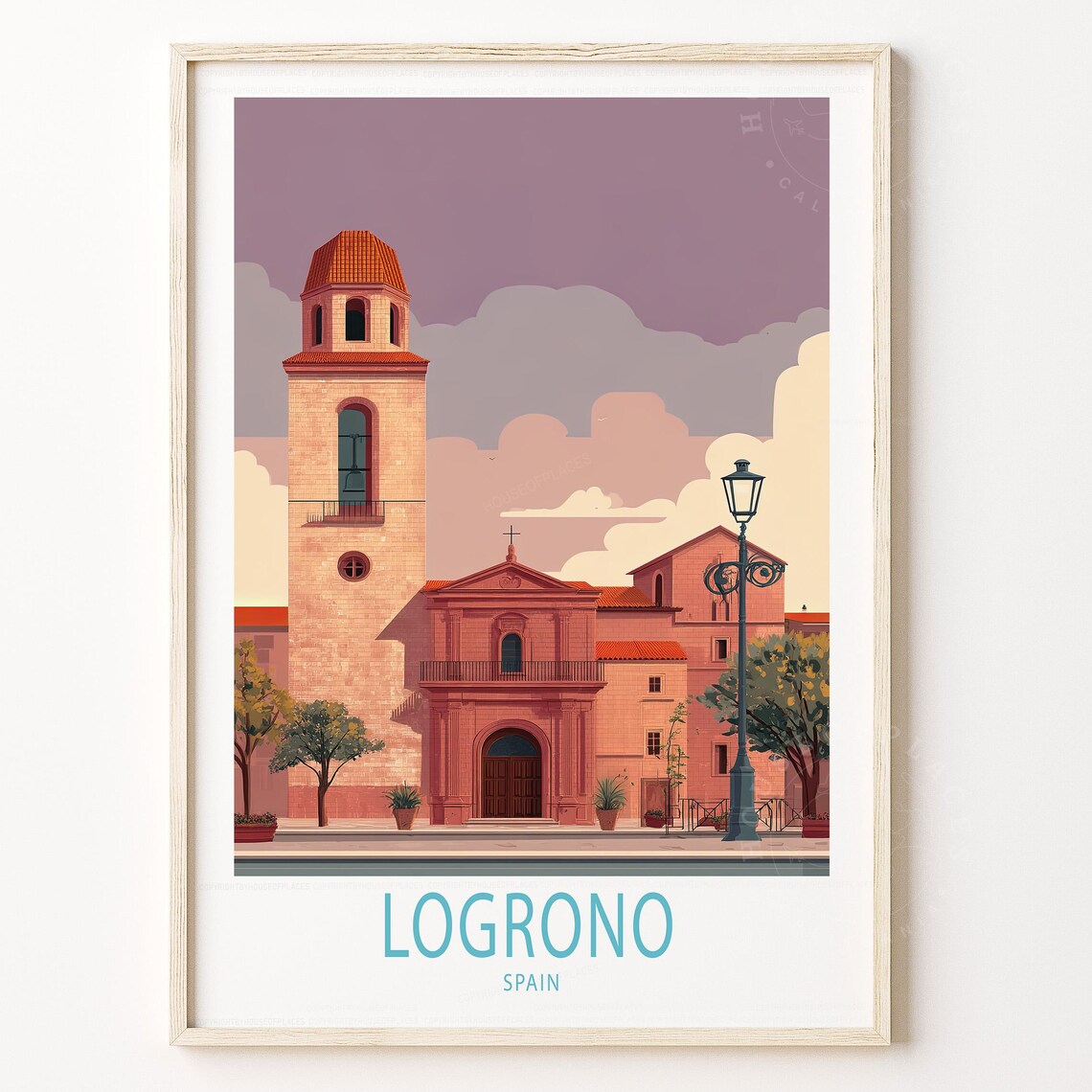 Logrono Spain Church Plaza Bell Tower Terracotta Travel Poster
