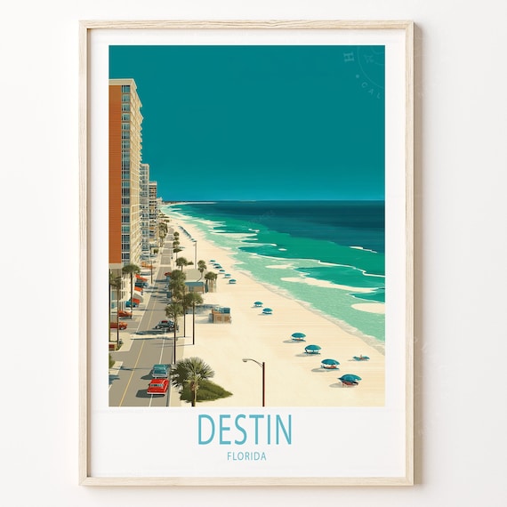 Destin Florida Emerald Coast Beach Aerial Vintage Travel Poster