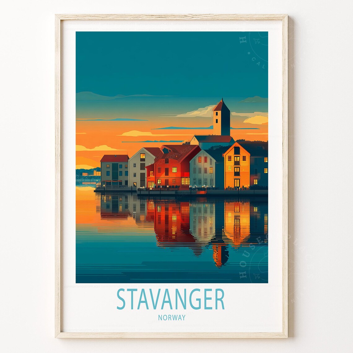 Stavanger Norway Waterfront Houses Golden Sunset Travel Poster