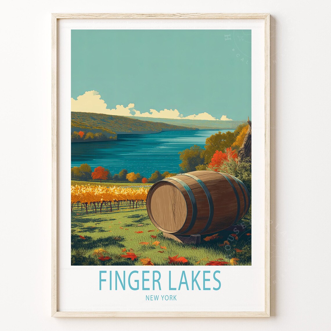 Finger Lakes New York Vineyard Barrel Autumn Lake Travel Wall Poster