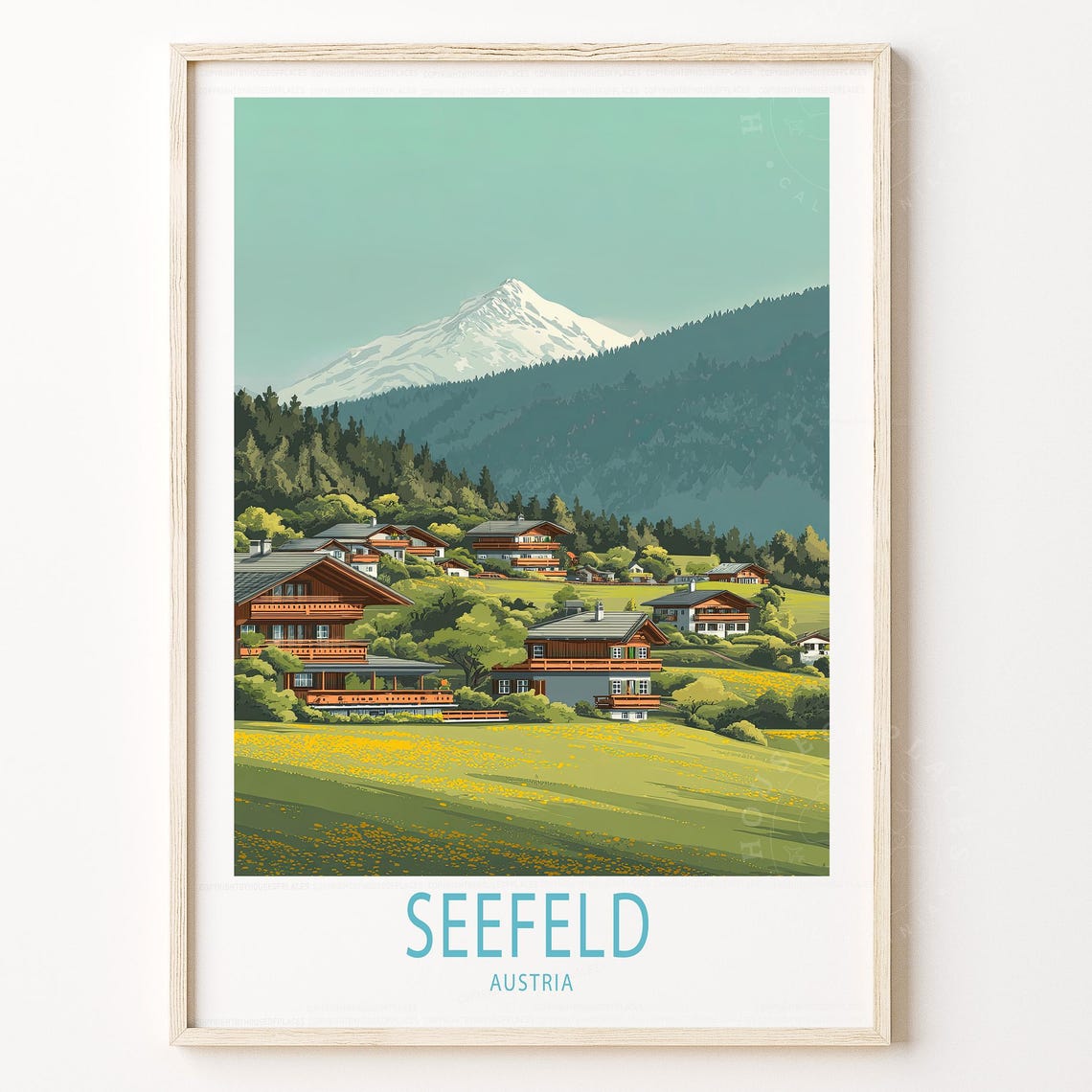 Seefeld Austria Alpine Chalets Meadow Snow Peak Travel Poster Art