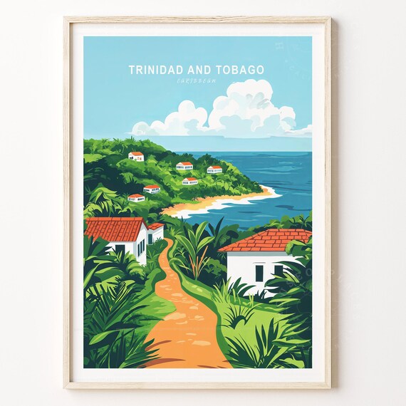 Trinidad and Tobago Caribbean Coastal Village Tropical Travel Poster