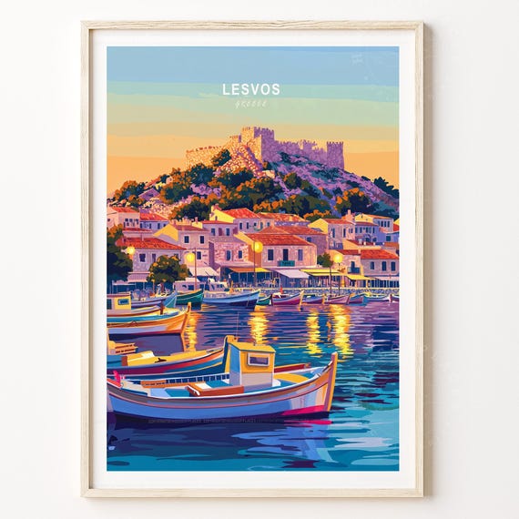 Lesvos Greece Sunset Harbor Castle Travel Poster Fishing Boats