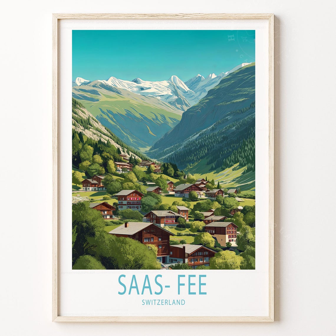 Saas Fee Switzerland Mountain Village Valley Peaks Travel Poster