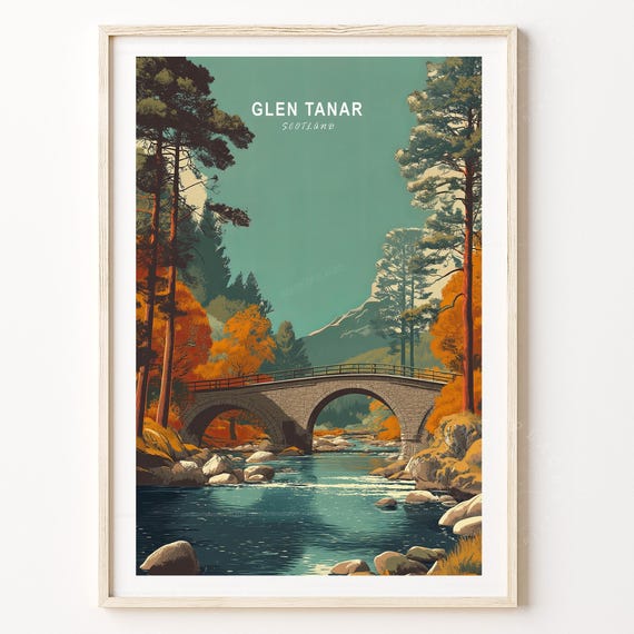 Glen Tanar Scotland Forest Bridge Vintage Minimalist Travel Art Poster