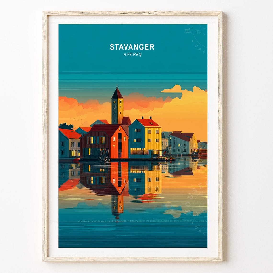 Stavanger Norway Harbor Town Sunset Reflection Travel Poster