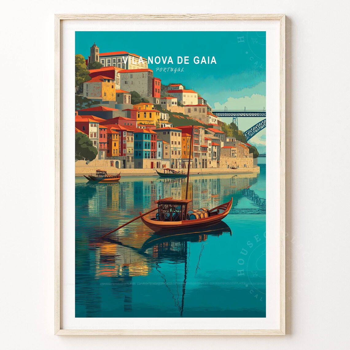 Vila Nova De Gaia Portugal Travel Poster Rabelo Boat Riverside Art