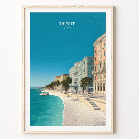 Trieste Italy Beachfront Historic Palaces Sunny Travel Poster