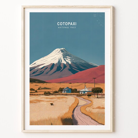 Cotopaxi National Park Halftone Vintage Volcano Farm Road Travel Poster