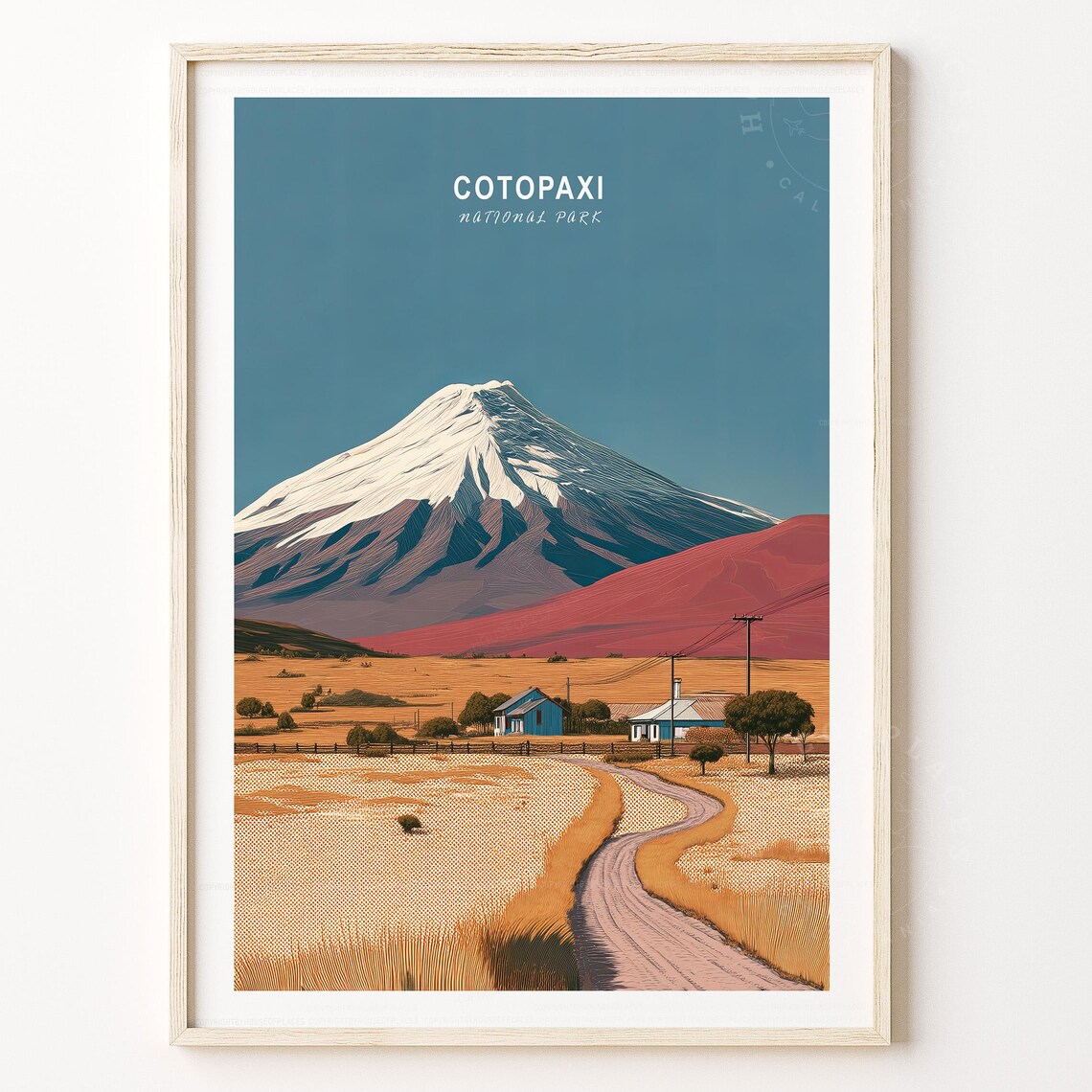 Cotopaxi National Park Halftone Vintage Volcano Farm Road Travel Poster