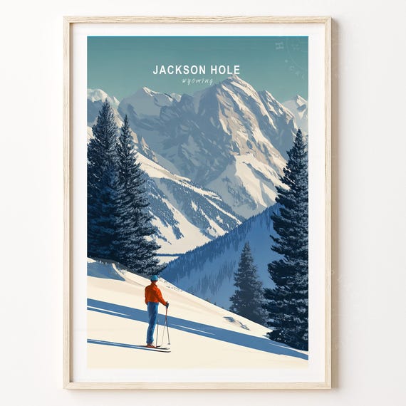 Jackson Hole Winter Poster Wyoming Skiing Print Wall Art Minimalist Travel Wedding Gifts