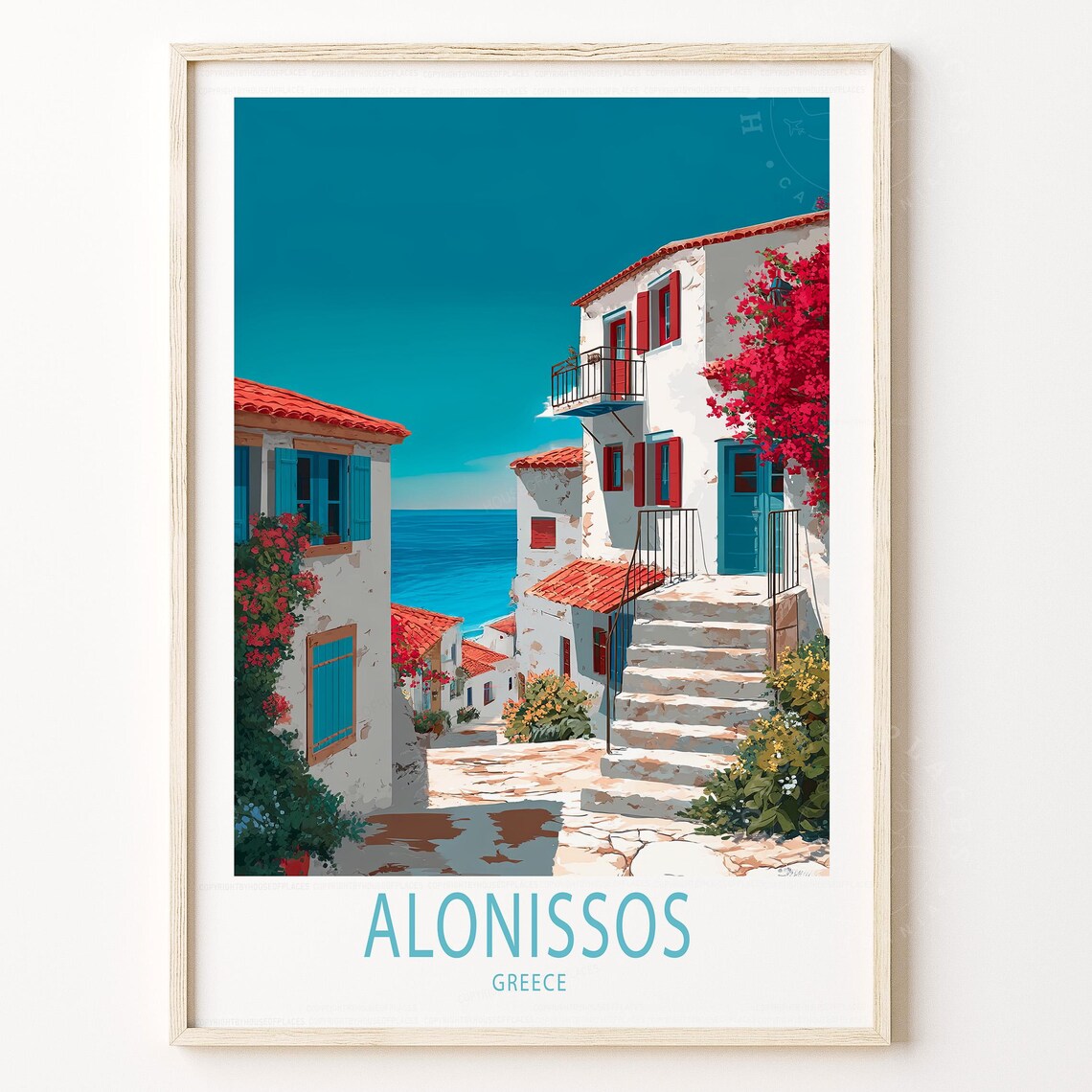 Alonissos Greece Whitewashed Village Bougainvillea Sea View Poster