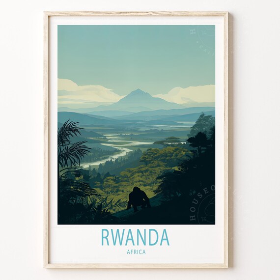 Rwanda Africa Vintage Travel Poster Volcano Valley Gorilla Silhouette