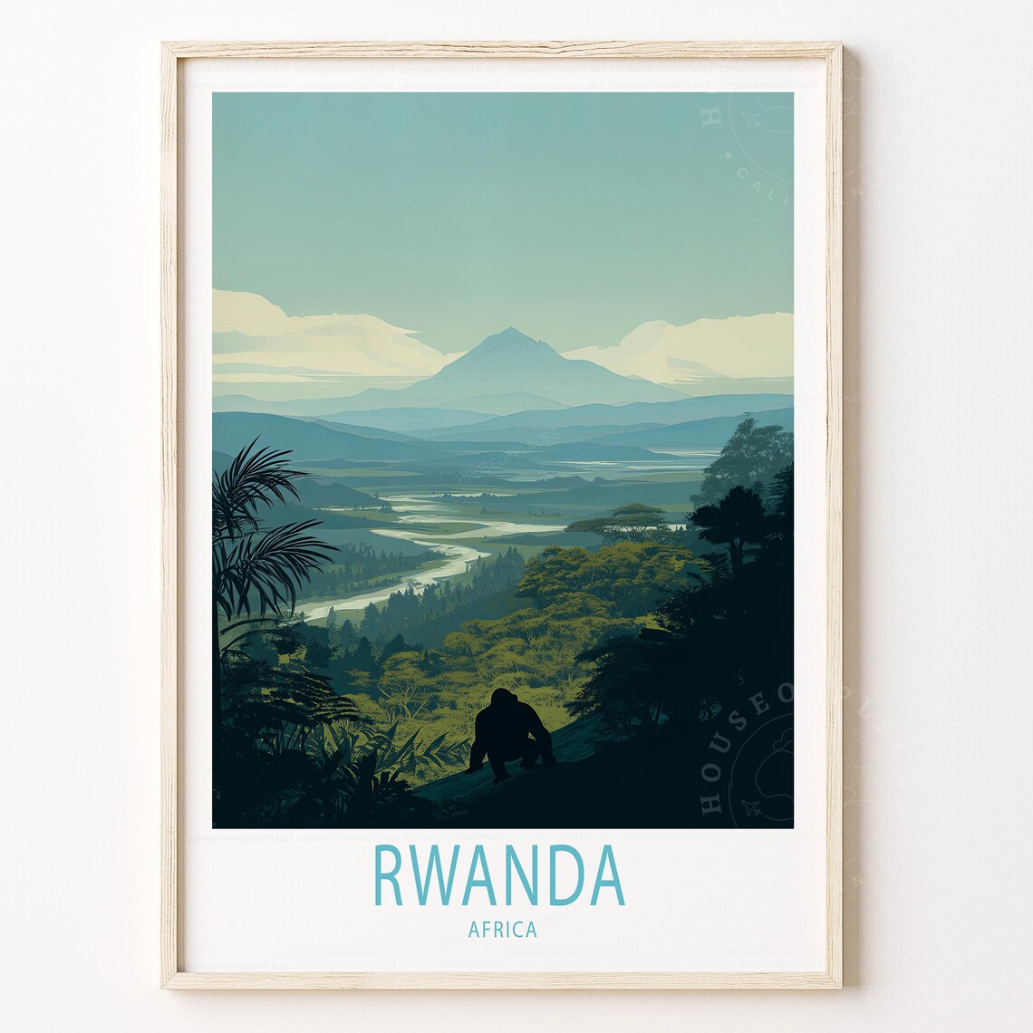 Rwanda Africa Vintage Travel Poster Volcano Valley Gorilla Silhouette