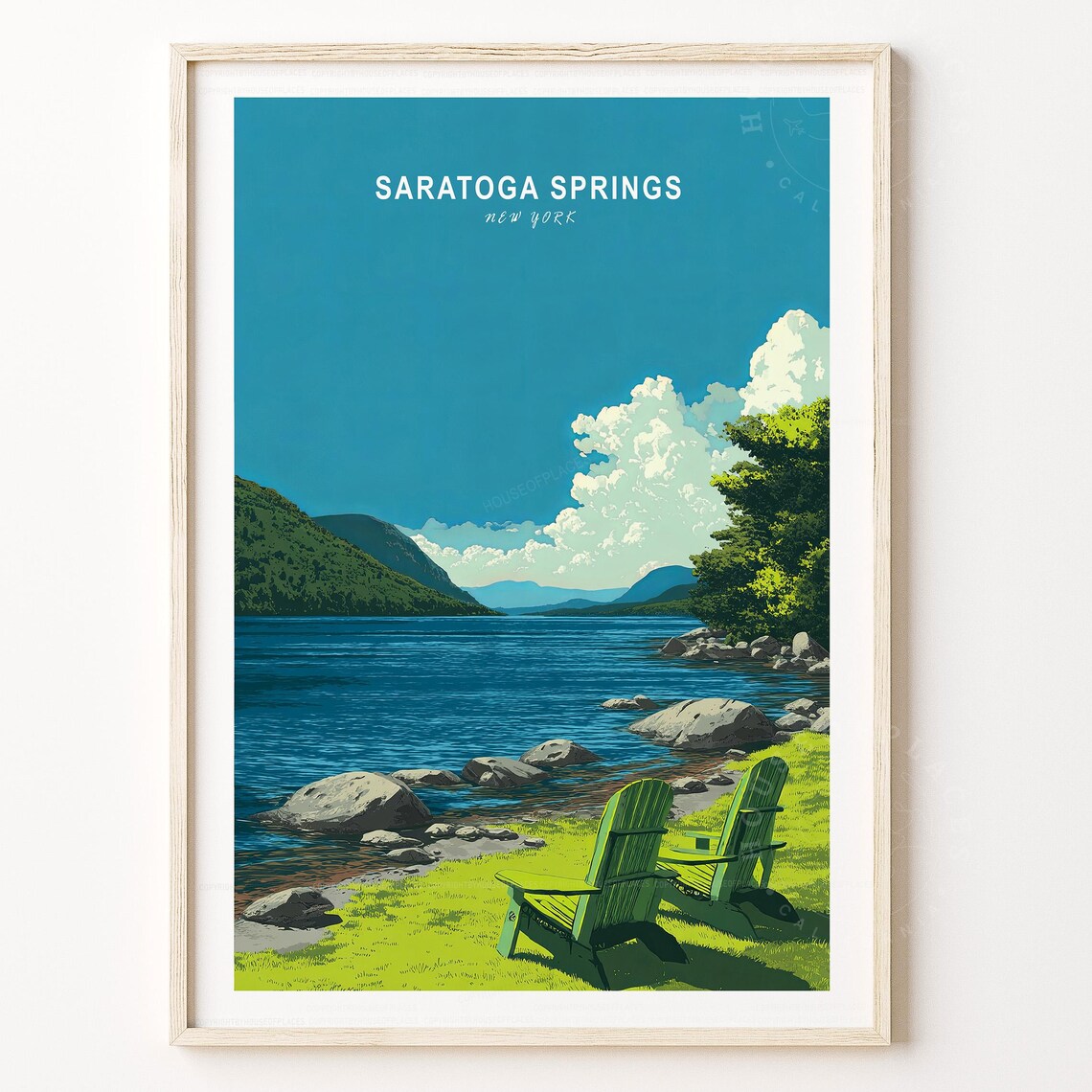 Saratoga Springs New York Lakeside Chairs Scenic Travel Poster